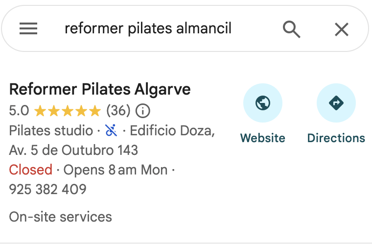 Google listing for Reformer Pilates Algarve showing a 5.0 rating from 36 reviews